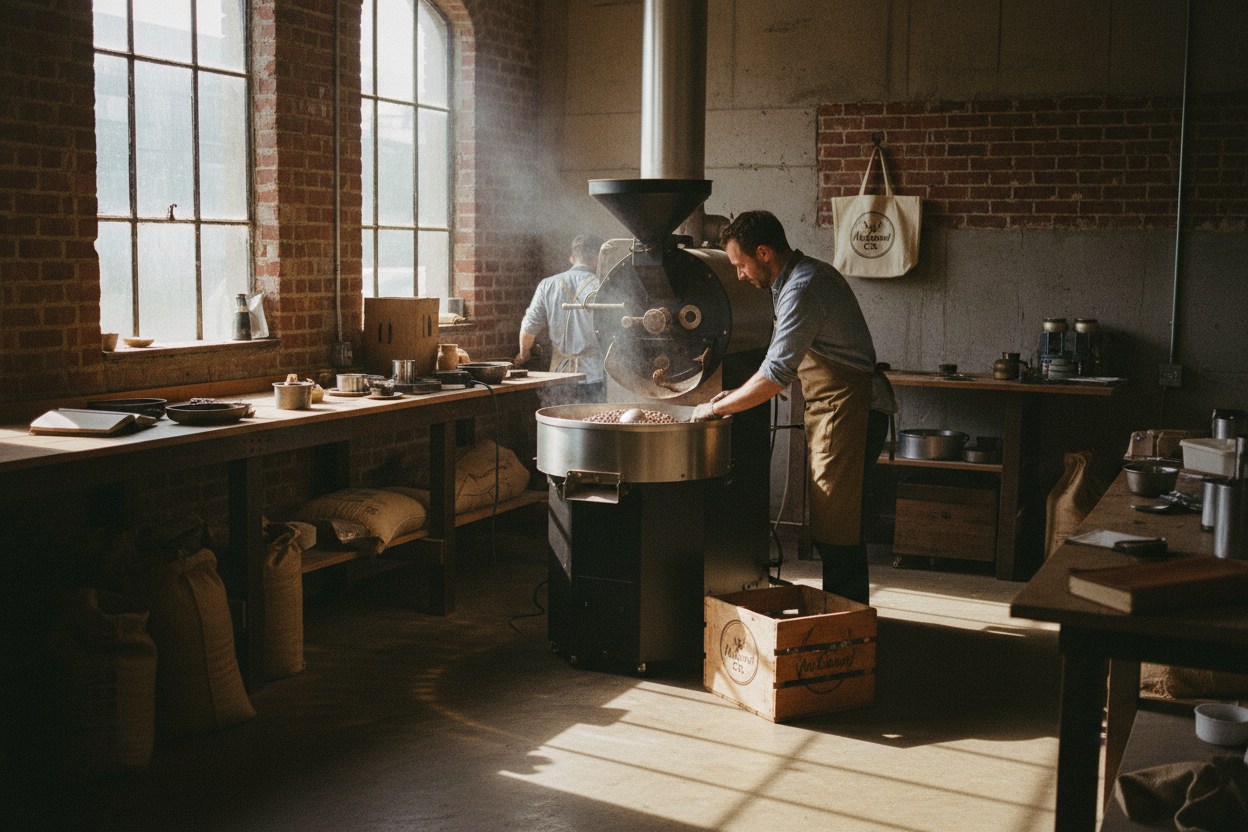 Authentic coffee roasting scene, small batch coffee roaster in artisan workspace, natural window lighting, coffee beans being roasted, documentary photography style, Mug & Meadow Co branding, film camera aesthetic, masculine and professional