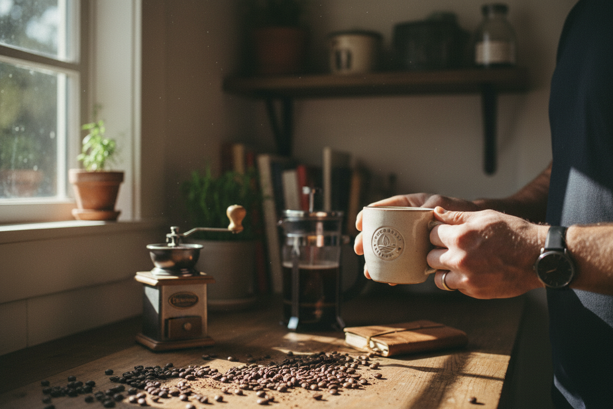 Real lifestyle coffee moment, person's hands holding ceramic mug, natural window light, lived-in kitchen counter with coffee beans scattered naturally, authentic candid photography, film grain, Mug & Meadow Co branding, genuine everyday moment, masculine professional aesthetic
